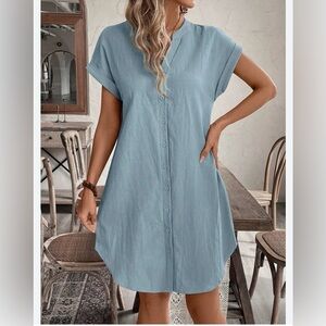 Emery Rose Baby Blue Button 100% Cotton Down Short Sleeve Dress Women’s Large